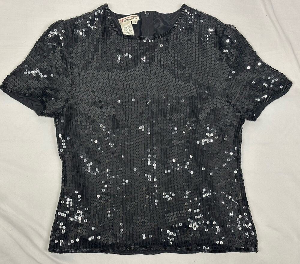 Vintage Talbots Women's XS Black 100% Silk Sequin Short Sleeve Evening Top